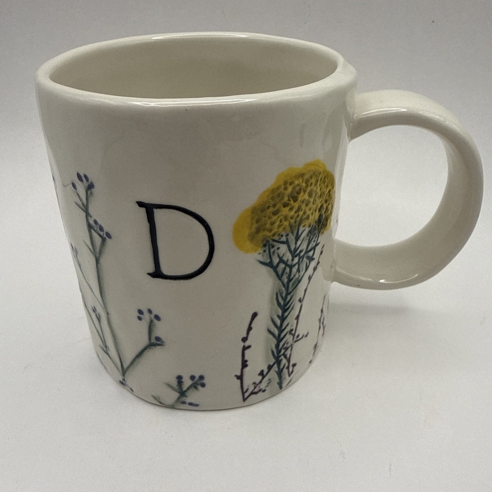 Anthropologie Dagny Initial D Mug Cup Floral Monogram Botanical 16 oz